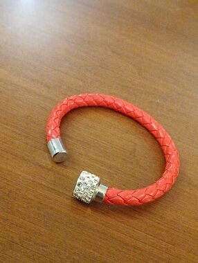 Red Braided Leather Cuff Bracelet with Rhinestone Accent